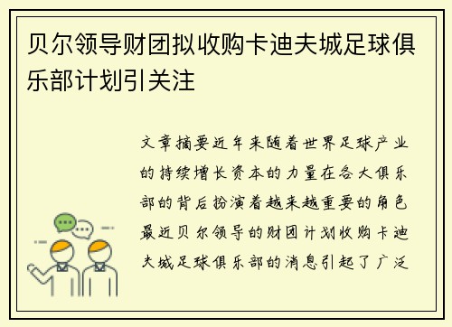 贝尔领导财团拟收购卡迪夫城足球俱乐部计划引关注