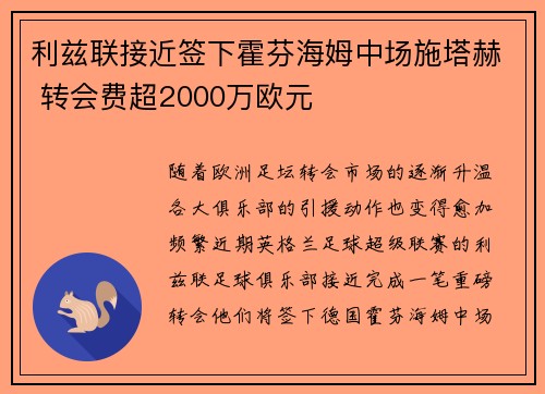 利兹联接近签下霍芬海姆中场施塔赫 转会费超2000万欧元