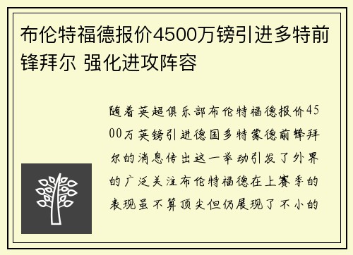 布伦特福德报价4500万镑引进多特前锋拜尔 强化进攻阵容